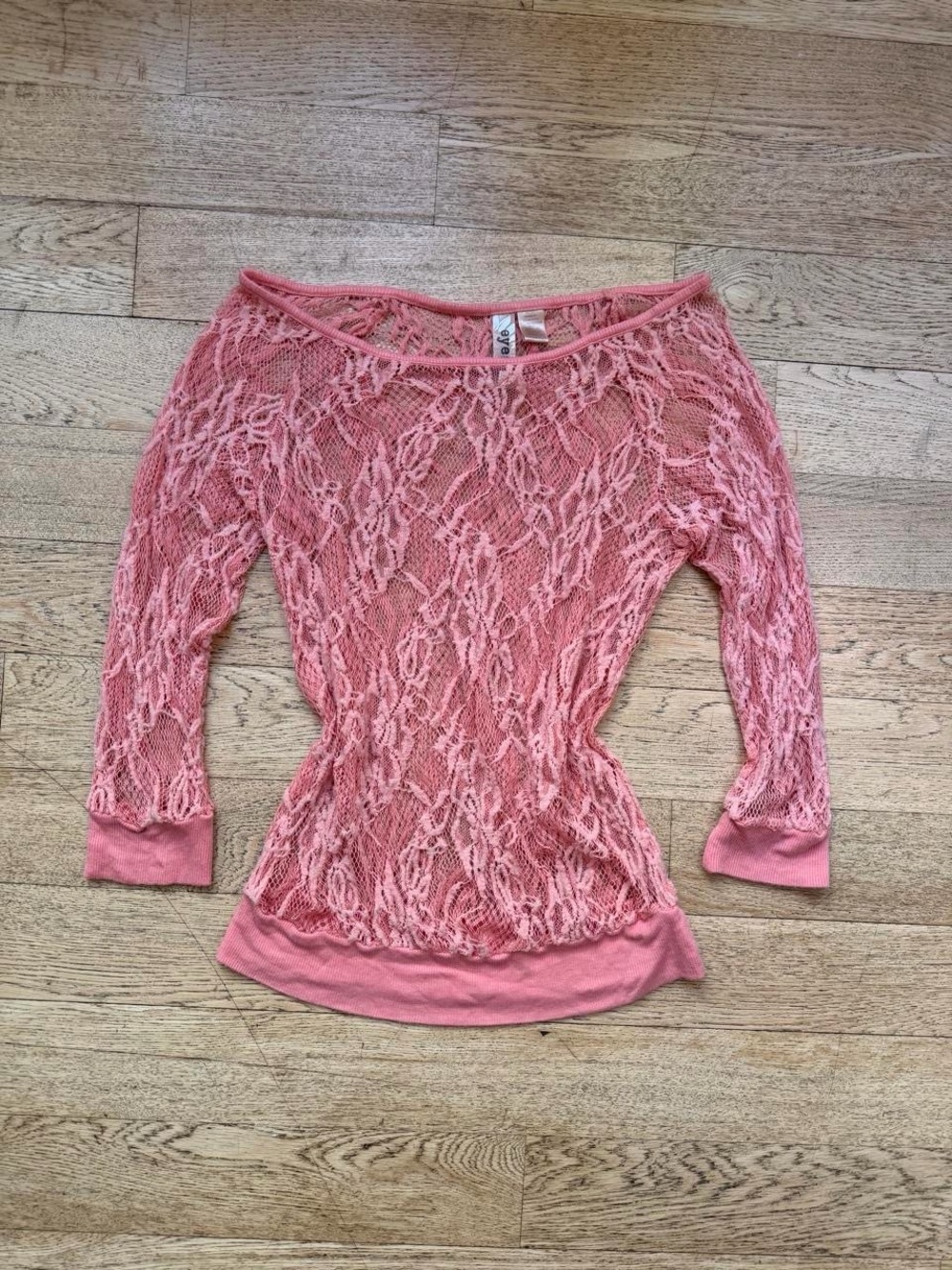 Eyeshadow Coral Pink Lace Knit Off-Shoulder Pullover